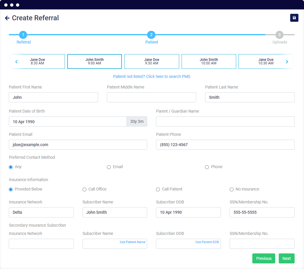 Online electronic dental referral form